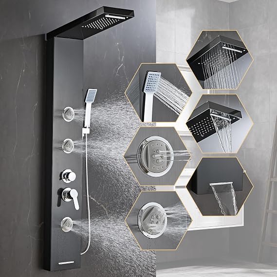 Multi-Function Shower Panel Tower System 6 in1 Shower Panel Tower with Powerful Body Massage, Rainfall, Waterfall,Handheld and Tub Spout, Stainless Steel Shower Column -Brushed Black