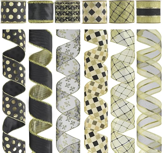 HUIHUANG Black Wired Ribbon for Christmas Tree Black and Gold Christmas Ribbons for Tree Decorations, Bows, Wreaths, Garland, Gift Wrapping, Crafts, Home Decor (2-1/2" x 6 Rolls, 36 Yds Total)