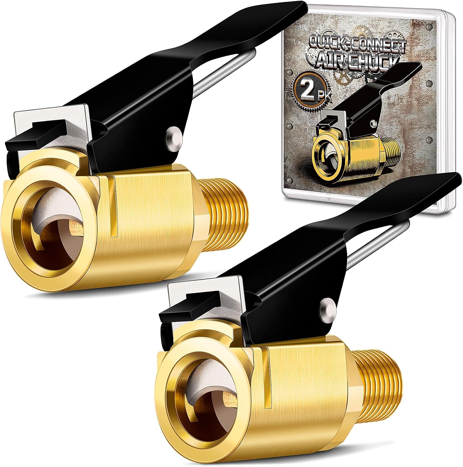 2-Pack Quick Connect Tire Inflator Air Chuck, Locking Tire Inflation Hose Adapter for Air Compressors &amp; Valve Stems, Brass Tire Nozzle with Speed Clip for Threaded Twist Connection Convert to Lock On