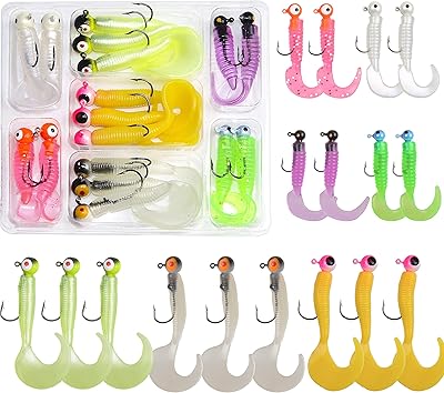 Grub Lures Fishing Jigs Head Hooks Kit,Crappie Jigs Fishing Lures Kit Soft Plastic Grub Tail Worm Lure Bait for Bass Trout Saltwater Freshwater Fishing