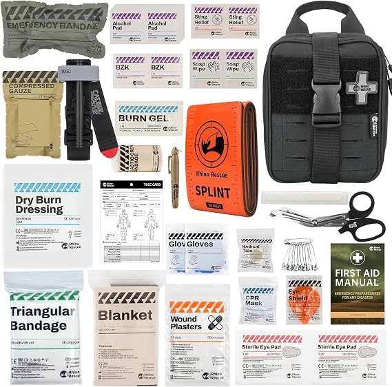 RHINO RESCUE IFAK Trauma Kit Standard with CAT Tourniquet Black | Military-Grade, Massive Bleeding Control, Tactical Molle Pouch, Professional First Aid Kit, HSA/FSA Approved