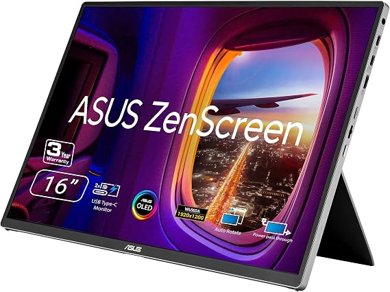 ASUS ZenScreen MQ16FC 15.6 Inch16:10 USB-C OLED Portable Monitor | WUXGA (1920 x 1200), 95% DCI-P3,Auto Rotate, Power Pass Through, Eye Care, Travel Display for MacBook and PC
