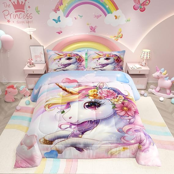 Erosebridal Unicorn Bedroom Bedding Set for Girls Rainbow Unicorn Comforter Set Twin for Girls Kids Unicorn Bedroom Decor, Cute Reversible Stars Quilt Comforter Teens Boys Cartoon Unicorn Duvet