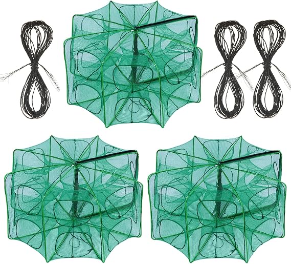 3 PCS Fishing Bait Trap, 12 Holes Portable Nylon Fishing Net Foldable Fish Cast Mesh Trap Net for Fishes, Shrimp, Minnow, Crayfish, Crab, Crawdad
