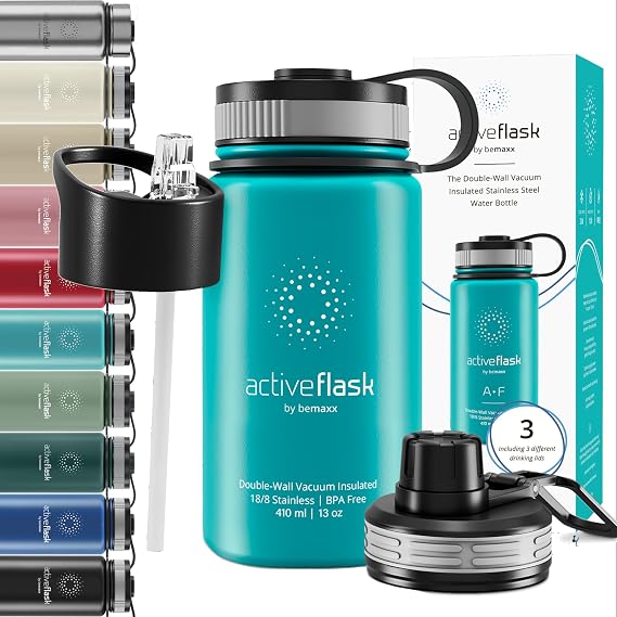 ACTIVE FLASK Water Bottle Stainless Steel + Straw (3 Lids): 1L 700ml 500ml | Vacuum Insulated Leak-Proof BPA-free Drinking Bottle Double Walled Hot Cold Thermo Outdoor Mug Tea Coffee Sport Gym Bike