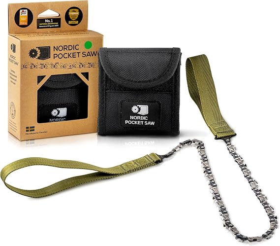Nordic Pocket Saw for Camping - 65 cm Pocket Chainsaw with 33 Bi-Directional Teeth - Handy Backpacking Saw with Extra Large Nylon Handle Loops - Survival Chainsaw for Clearing Trails