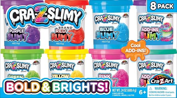 CRA-Z-Slimy Bold & Brite Premade Slime Set, 8-Count | Translucent Premade Slime, Non-Toxic, Sensory Pretend Play, 6 Colors with Add-Ins, Ages 6+