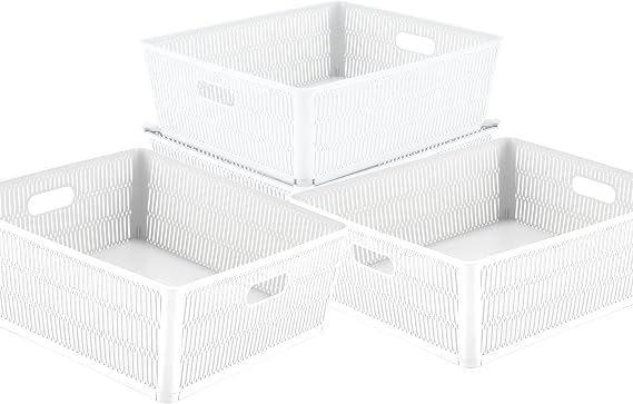 Simplify 4Pk Shallow Slide 2 Stack It Tote Basket | Storage & Organization | Open Bins with Stackable Capability | Bathroom | Crafts | Pantry | Playroom | Office | White
