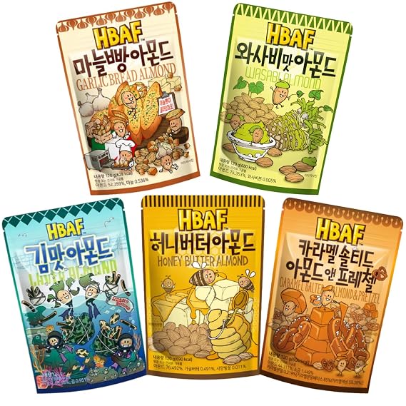 [Official Gilim HBAF] 5 Flavors Almonds Garlic Bread 120g, Caramel Pretzel 120g, Laver 120g, Honey Butter 120g, Wasabi 120g, Healthy Korean Almond Nutritious Snack Gift Party Pack