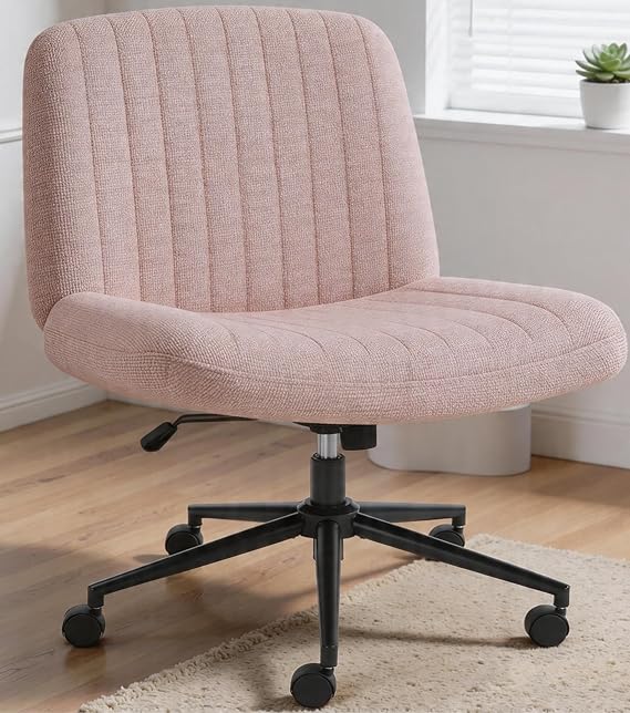 Shintenchi Criss Cross Chair,Cross Legged Office Seat with Wheels Armless Swivel Vanity Chair,Height Adjustable Wide Computer Task Seating for Home Office,Pink