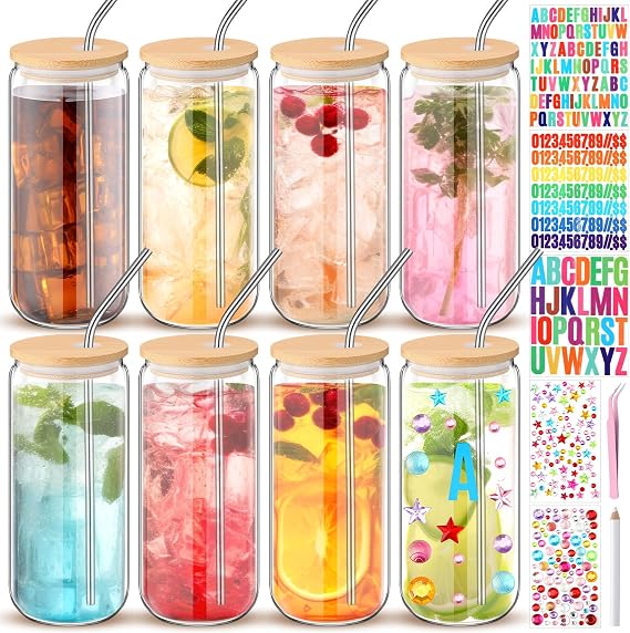 8 Pcs 20 oz Plastic Cups with Lids and Straws Acrylic Mason Jars with Bamboo Lids Mason Jar tumblers with Sticker and Diamond for DIY Decorate Mugs Drinking for Water Beverage Beer(Clear)