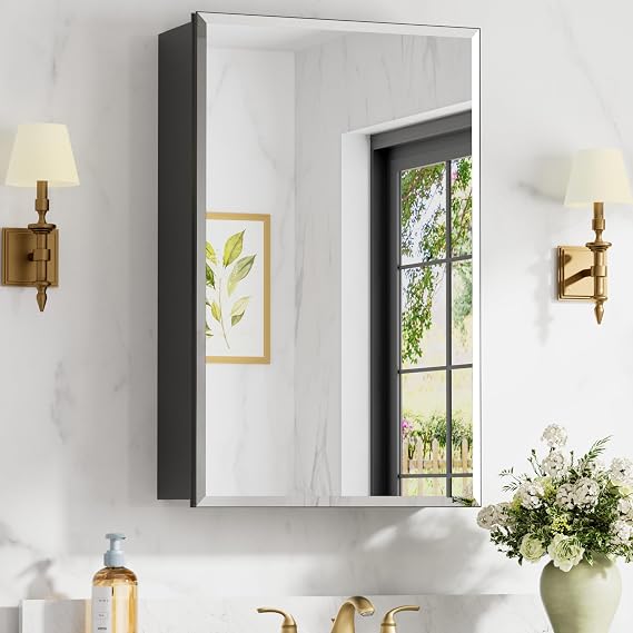 16x24 Inch Medicine Cabinet with Mirror, Aluminum Medicine Cabinet, Black | Tempered Beveled Edge Mirror Single Door, Adjustable Glass Shelves, Surface or Recessed Mount Bathroom Mirrors with Storage