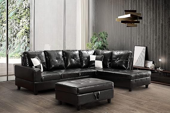 Modern PU Leather Sectional Sofa Set, Include Chaise Lounge and Storage Ottoman, Fashion 5-Seat L-Shaped Couch for Living Room Apartment Office Furniture, Black