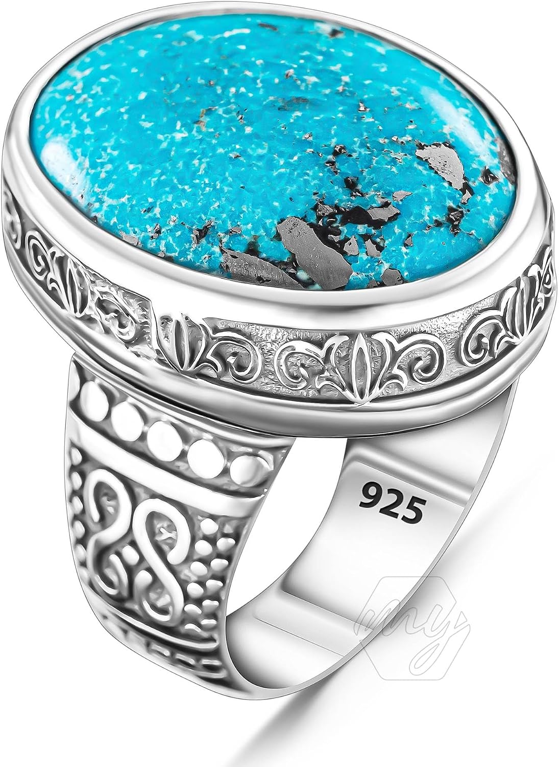 925 Sterling Silver Oval Original Turquoise Stone Handmade Mens Ring