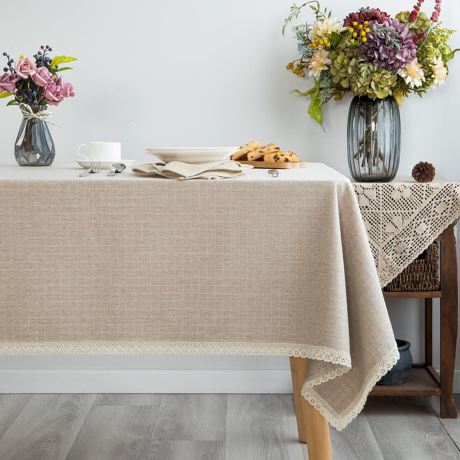 Textured Tablecloth Linen-Look Rustic Burlap Style Washable,Solid Heavy Weight Lace Trim Rectangle Fabric Table Cloth,Table Cover for Kitchen Dinning Tabletop Decoration 55x120 in, Beige