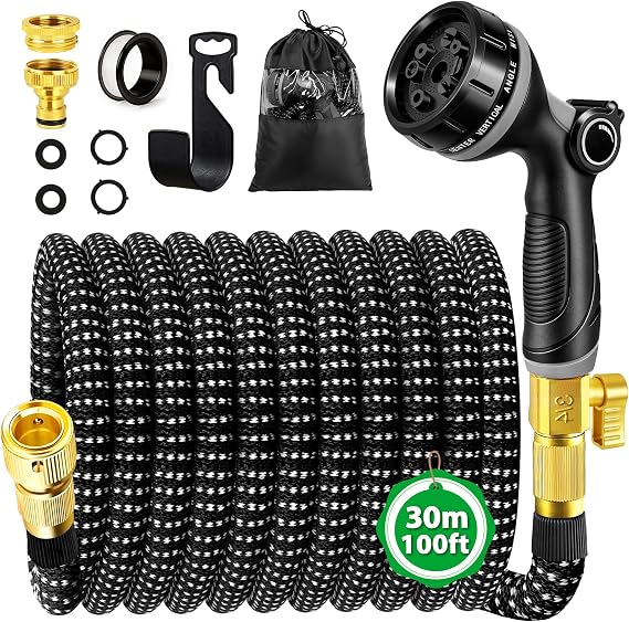 Expandable Garden Hose Pipe 100FT, Flexible Expanding Magic Hose Pipe for Garden with 10 Functions Spray Nozzle, Leakproof Anti-Kink Water Hose with Durable Fitting for Yard Lawn Gardening Car Washing