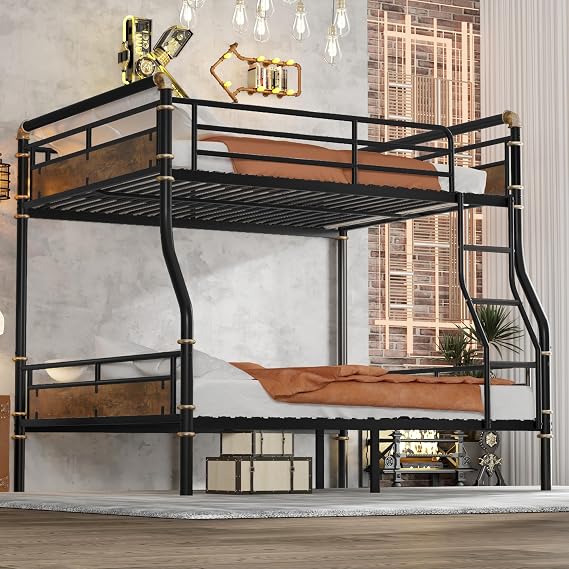 Full XL Over Queen Bunk Bed, Industrial Detachable Bunked Frame with Soft Ladder Rung Cover and High Guardrails, Industrial Bunk Beds for Kids Boys Girls Teens, Black