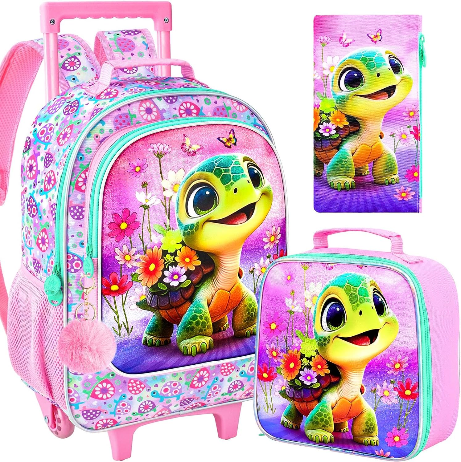 3PCS Kids Rolling Backpack, Girls Roller Wheels Bookbag, Wheeled Elementary School Bag with Lunch Bag - Turtle