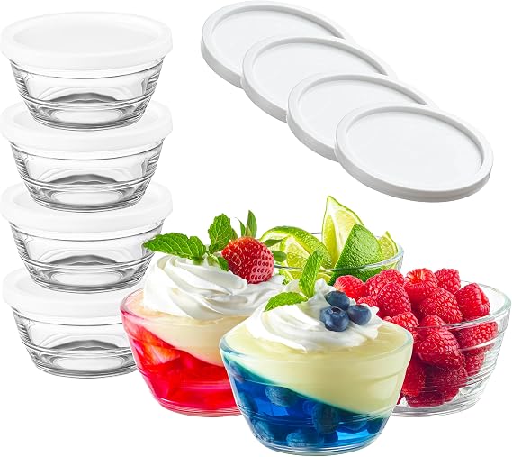 Leraze 16pc Set of Small Glass Prep Bowls with Airtight Lids, Custard Cups | 8oz, Stackable, Durable, Dishwasher Safe, Freezer Safe, 100% Food Grade, Lead and BPA Free, Secure Packaging, Eco-Friendly