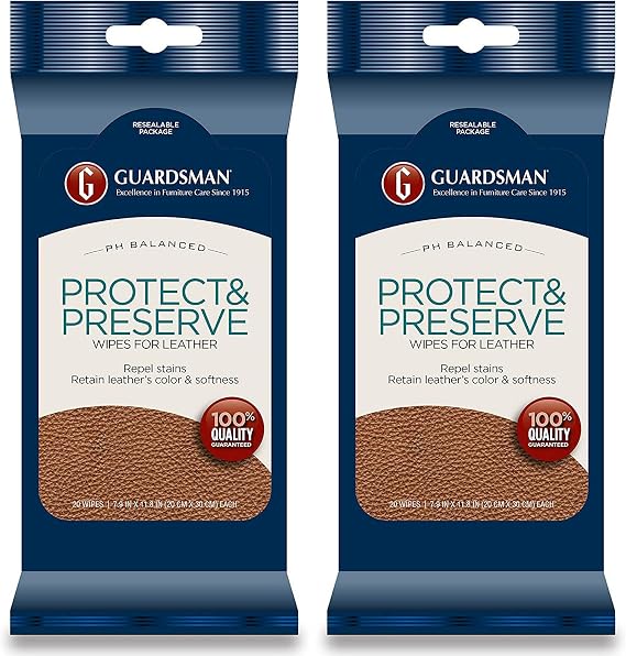 Guardsman Protect & Preserve Wipes for Leather 20 Wipes - Repels Stains, Retains Color and Softness, Great for Leather Furniture & Car Interiors - 2 Pack