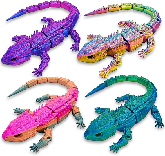 4Pcs 3D Printed Animals, Lizard Collection, Detailed Animal Figures for Display and Play, Silk Blue Purple, Blue Green, Multicolour Red Yellow Green, Rainbow Candy Designs