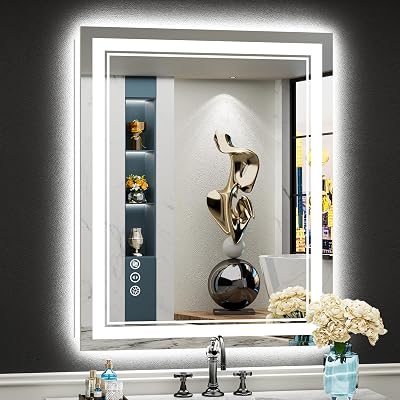 28x36 LED Bathroom Mirror with Lights, Backlit and Front Lit, Anti-Fog Lighted Vanity Mirrors for Bathroom Wall, Dimmable, 3-Color Light, Memory, Shatter-Proof, HD Tempered Glass, CRI>90