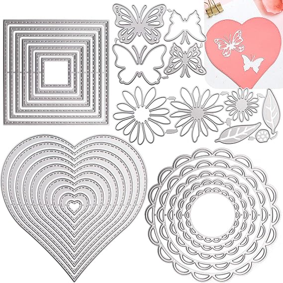 Daily Treasures 5 Set Cutting Dies Stencil, 32Pcs Metal Template Moulds Multi-Shape DIY Craft Embossing Tools for Album Scrapbooking Art & Mother's Day Card Making(Heart/Square/Round/Butterfly/Flower)
