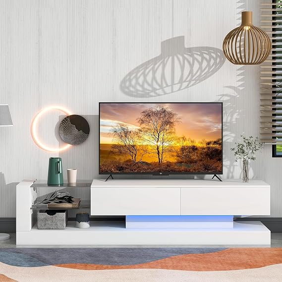 LED Long TV Stand For 80 Inch TV, Stand TV 70 Inch Modern White Entertainment Center With Storage, 70 75 80 Inch TV Stands For Living Room TV Stand with Storage Large TV Stands with 75 Inch TV