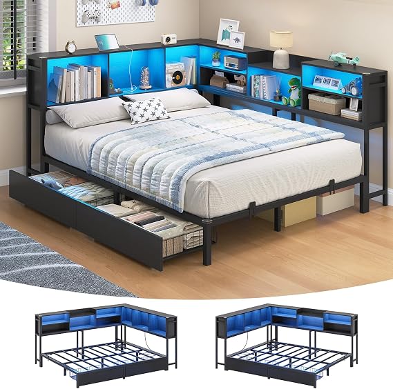 Hasuit Corner Bed Frame Full with 2 Drawers and Storage Bookcase, Daybed with Charging Station and LED Lights, Metal Platform Bed with Bookshleves, Full Size Bed Frame for Kids Teens Guests, Black