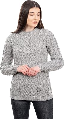 100% Merino Wool Irish Warm Cable Knit Women Crew Neck Fitted Sweater with Pockets in GreyNaturalNavy Blue