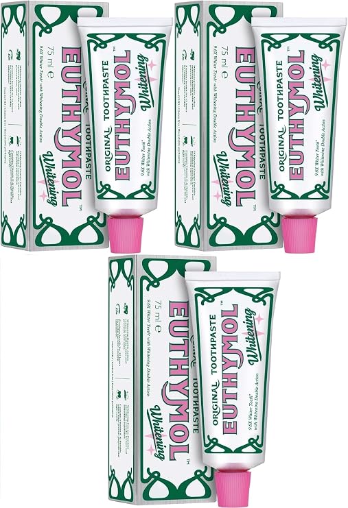 Euthymol Original Whitening Toothpaste 75ml x 3 – Made in Korea – 9.6X Whiter Teeth – Double Action – Fluoride &amp; Vitamin E – Fights Cavities &amp; Gingivitis – Non-GMO, Gluten-Free, Recyclable Packaging