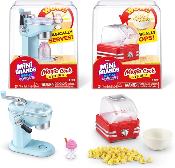 Mini Brands Really Works Magic Cook Kitchen Capsule Series 1 Ice Cream Maker & Popcorn Machine Set by ZURU, Miniature Real Working Kitchen Appliances, Non-Edible Collectible Toy Mystery Capsule
