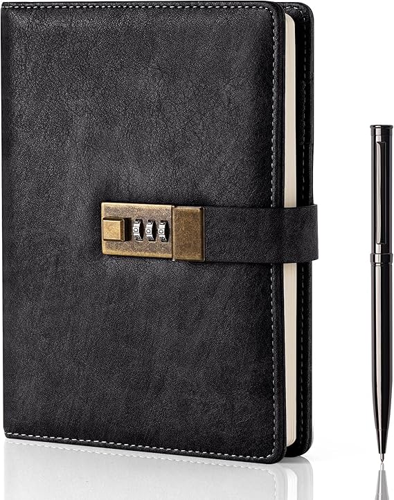 WEMATE Diary with Lock, A5 PU Leather Journal with Lock 240 Pages, Vintage Lock Journal Password Protected Notebook with Pen &amp; Gift Box Black