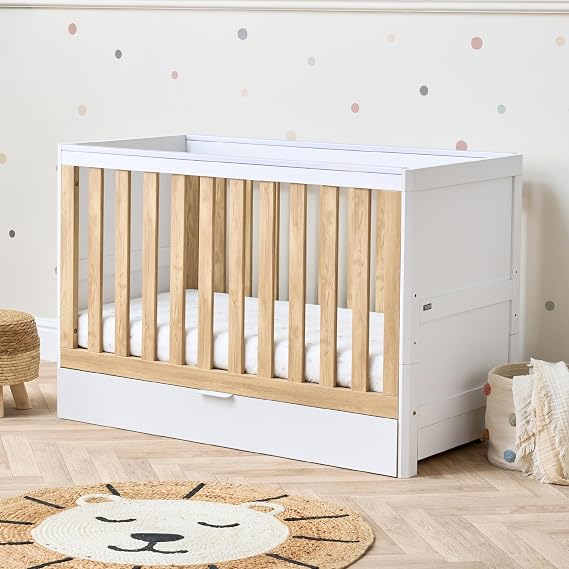 Tutti Bambini Riley 3-in-1 Convertible Cot Bed With Drawer - White & Oak