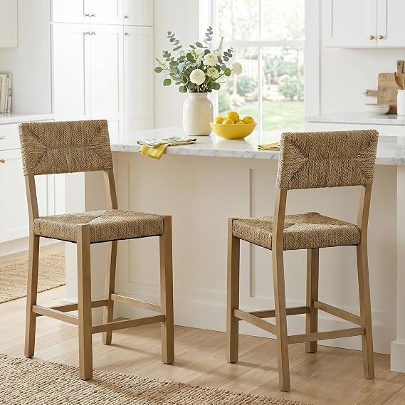 DUHOME Rattan Bar Stools Set of 2, 24'' Bohemian Counter Height Stool with Woven Seagrass Seat and Back, Solid Wood Legs and Footrest for Kitchen Island Dining Room Home Bar