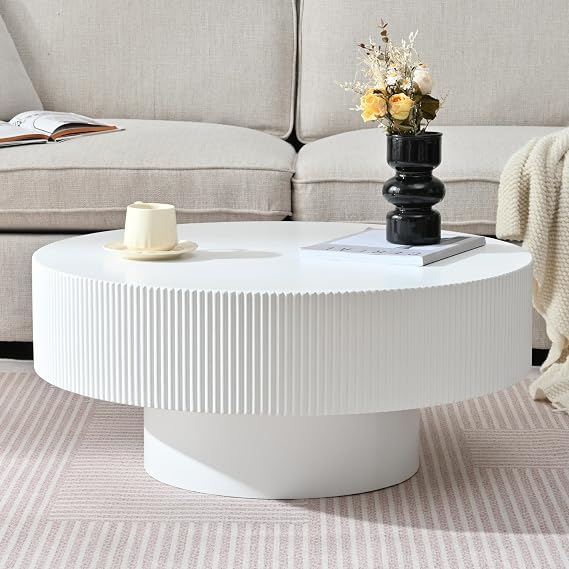 Merax Modern 31 Inch Wood Round Coffee Table for Living Room, White | Fluted Center Tables for Office, Reception Room, Easy Assemble