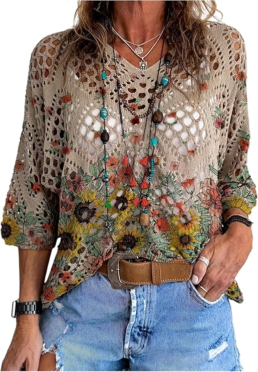 WDIRARA Women Floral Crochet Sweaters Boho Hippie Knit Tops Cover Up | 3/4 Sleeve, Hollow Out, Loose, Beachwear, Summer, Vacation Pullover