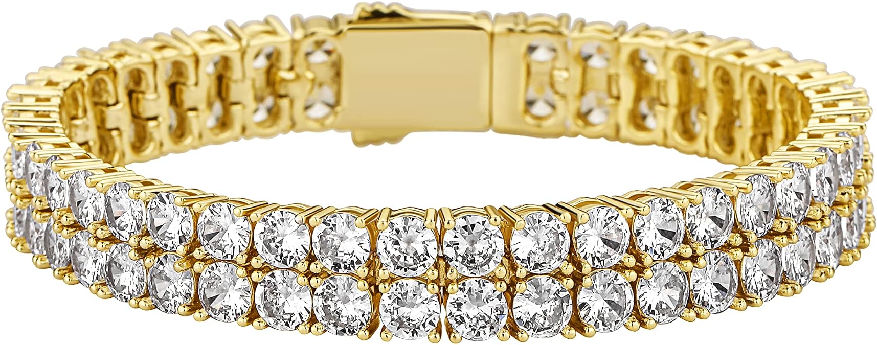 JINAO 2-Row Tennis Bracelet for Men & Women, 14K Gold Plated Brass, Iced-Out Cubic Zirconia Chain, Unisex Hip-Hop Style