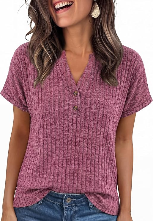 Pleneal Womens Summer Tops 2026 V Neck Button Casual Summer Trendy Tee