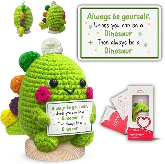 Gossby Handmade Funny Animal Crochet with 'Always Be Yourself Unless You Can Be A Dinosaur' Card - Cute Gag Gifts for Crochet Dinosaur Lovers Coworker Friend Sister