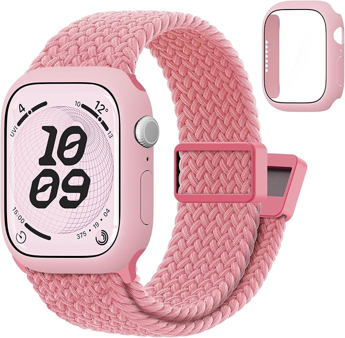 Compatible with Kids Apple Watch Band with Case 38/40/41/42/44/45mm Braided | for iWatch Series SE3 SE2 SE 9 8 7 6 5 4 3 2 1, Nylon Elastic Magnetic Clasp Strap and Protective Cover with Tempered Glass