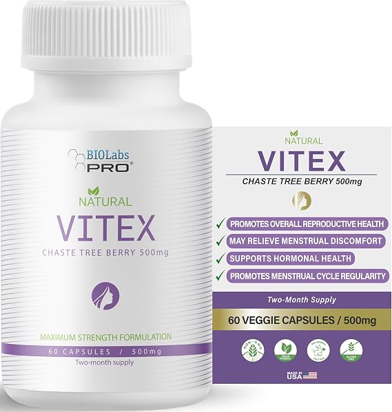 BIOLABS PRO Natural Vitex Chasteberry Supplement for Women - Pure Chaste Tree Berry Extract 500mg, Maximum Strength Formulation, Vegan Capsules, Supports Hormonal Balance - (60 Caps - 2-Month Supply)
