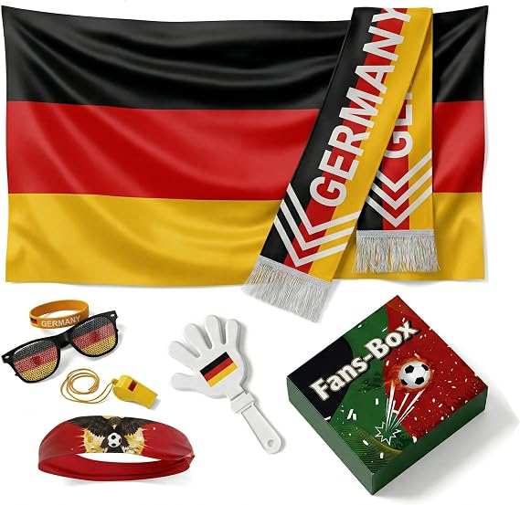 Soccer Fan Gear Set 2026-7 Piece Game Day Kit with Flag, Scarf, Glasses, Whistle, Clapper, Wristband & Headband in Gift Box - Watch Party & Stadium Essentials for Germany