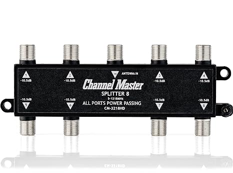 Channel Master Splitter 8 | 8-Way Splitter Distributes Digital HDTV Antenna Signal to 8 TVs, One Input and Eight Outputs, Power Passing for Preamplifiers and Boosters, Low-Loss Design, Indoor/Outdoor
