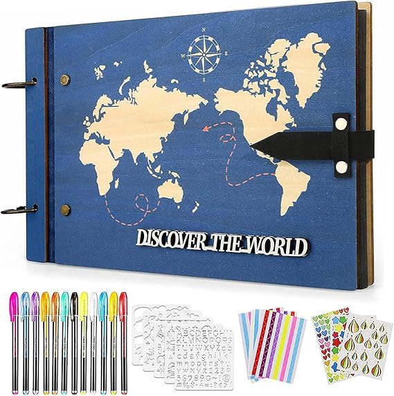 Fathers Day Gift From Wife/Daughter/Son Wooden Scrap Book Album World Map Travelling Journal Scrapbook Our Adventure Book, Scrapbooking Kits DIY Scrapbook Memory Photo Book for Couples