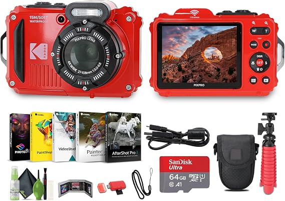 KODAK PIXPRO WPZ2 Rugged Waterproof Shockproof Dustproof WiFi Digital Vlogging Camera 16MP (Red) Bundle with 64GB Memory Card + Vlogger Tripod + Bag + Cleaning Kit + More Accessories