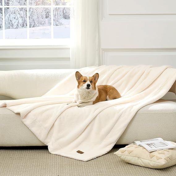COZY KISS Waterproof Pet Blanket, Ultra Soft Luxury Faux Fur Throw Blanket for Couch, Cozy Warm Plush Blanket for Sofa Bedroom Living Room, Liquid Pee Proof for Large Dog or Cat, 100x150cm, Beige