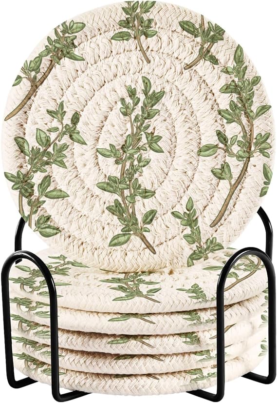Chic Leaf Thyme White Cotton Rope Cup Coasters Set of 6 with Holder Table Coasters Coasters for Drinks Absorbent Coasters for Wooden Table