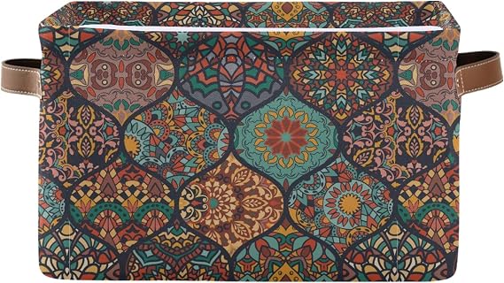 Mnsruu Large Foldable Storage Basket, Colorful Moroccan Style Pattern Fabric Storage Bin Organizer Bag with Handles 15 x 11 x 9.5 inch