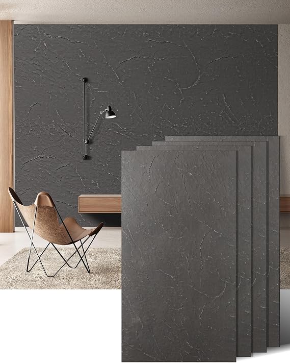 KASARO 3D Faux Stone Wall Panels, 4 PCS MCM Flexible Wainscoting Panels for Exterior/Interior Decor, Modified Clay Material, Accent for Home, Art, Commercial, Stone Black, 47.2 23.6 inch